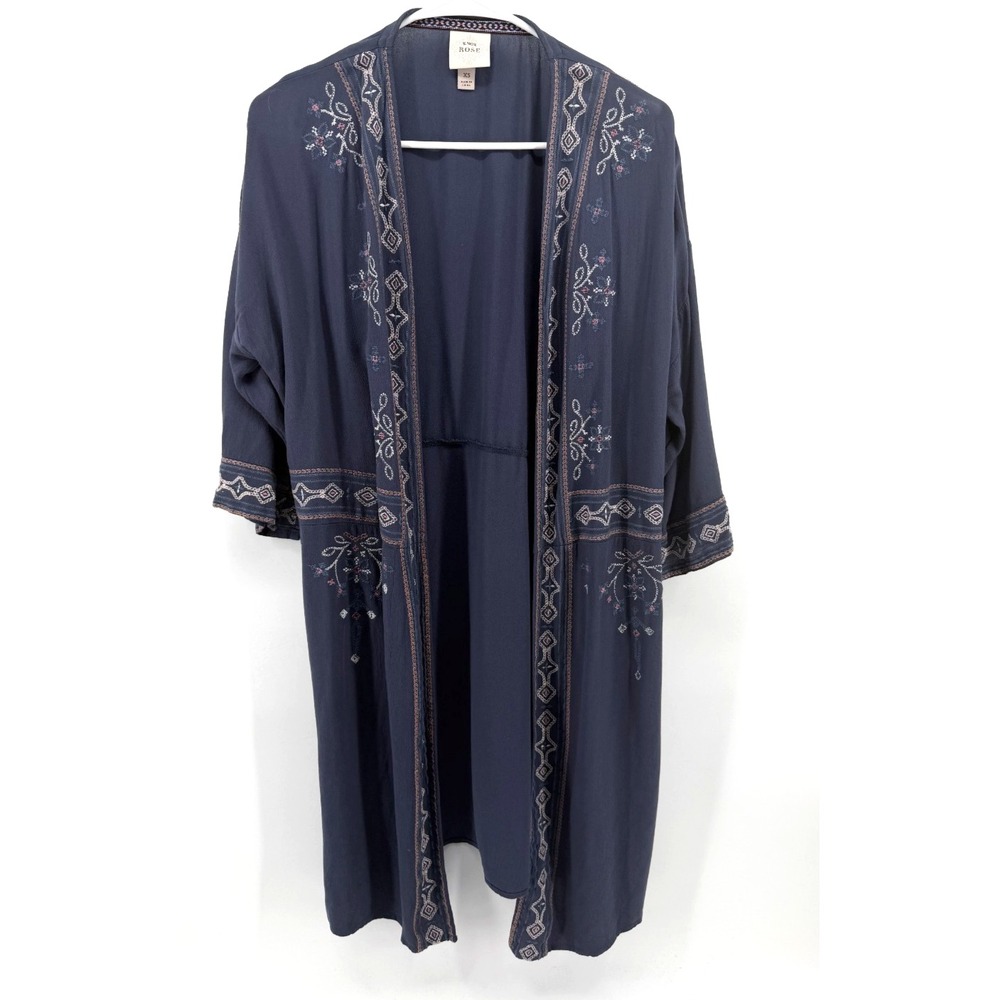 Knox Rose Long Cardigan XS Smokey Blue Boho Embroidered Open Duster Kimono Light
